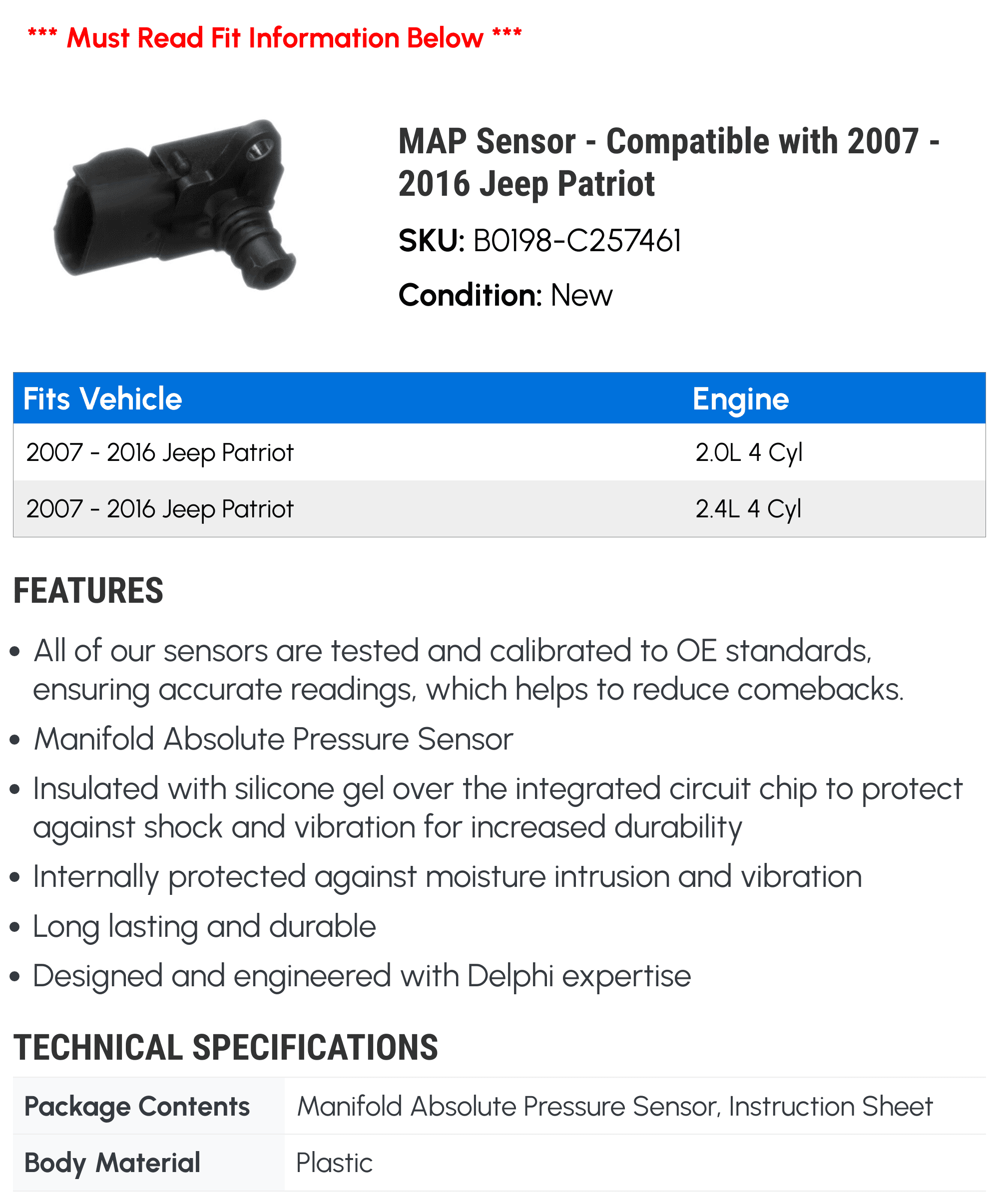 MAP Sensor - Compatible with 2007 - 2016 Jeep Patriot 2008 2009 2010 2011 2012 2013 2014 2015