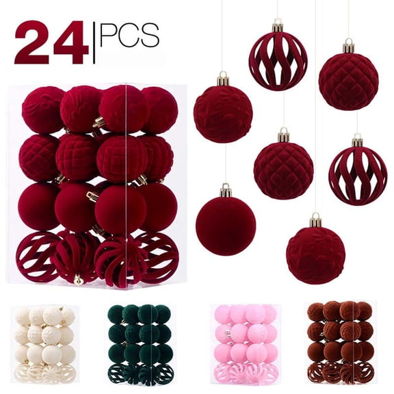 24 Pcs Flocked Christmas Ornaments Balls Velvet Shatterproof Christmas Tree Decorations