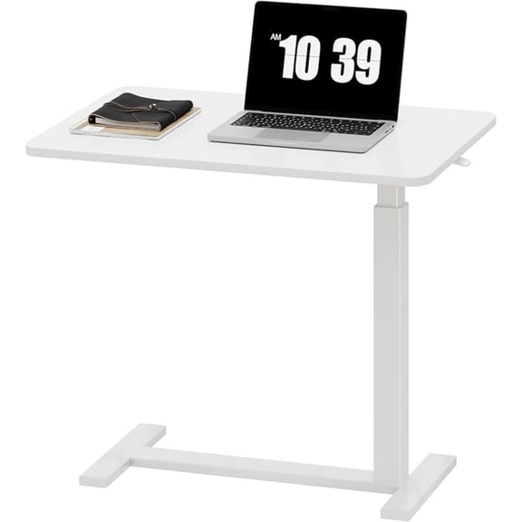 Overbed Bedside Table with Wheels, Adjustable Hospital & Home Use Bed Table, Rolling Laptop Table, Mobile Standing Desk, White