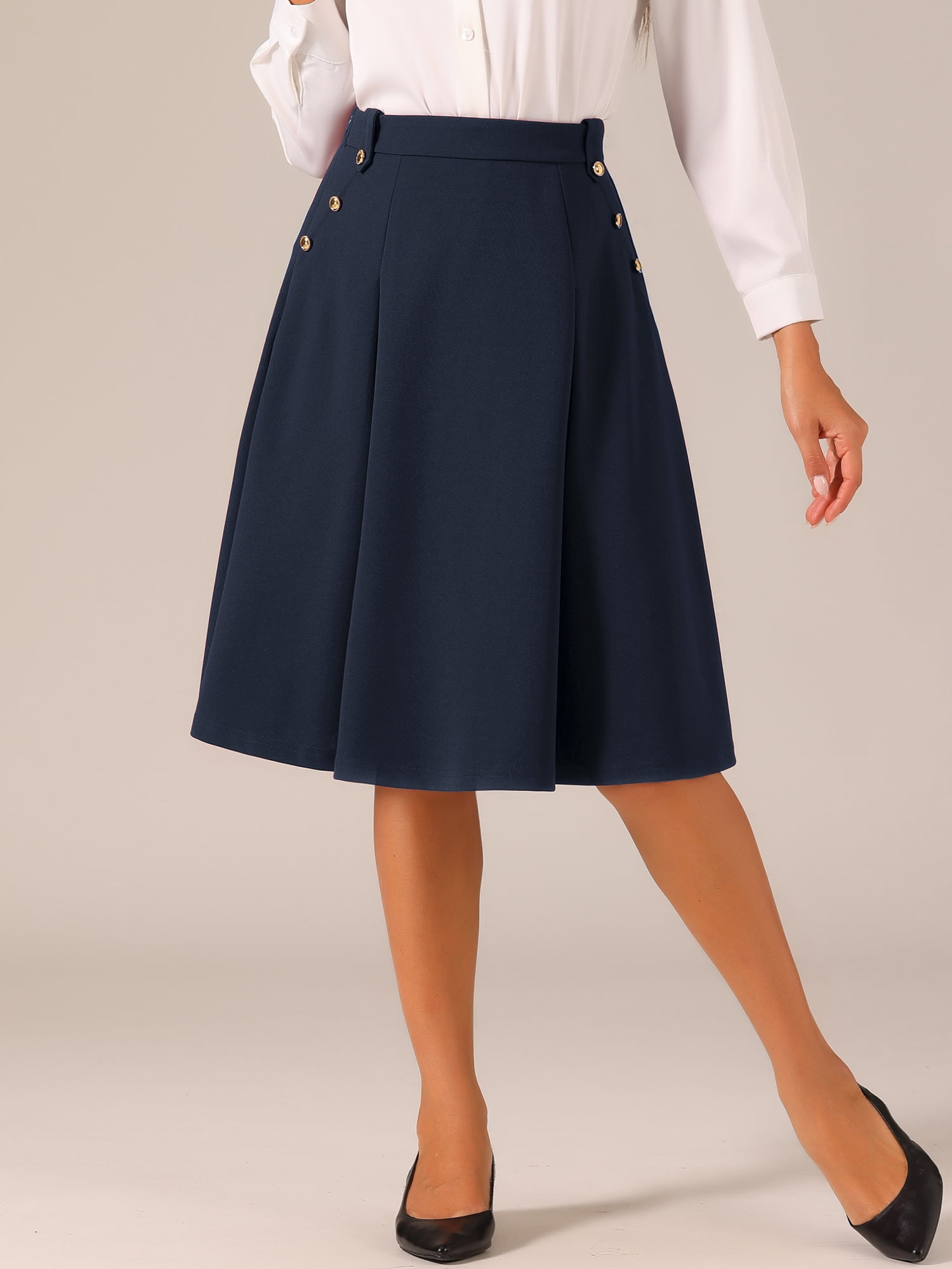 DARING DIVA Women's Vintage Button Decor Flared Midi Skirt L Dark Blue
