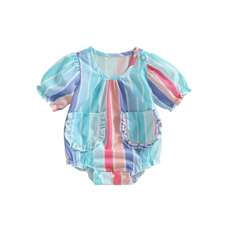 

Newborn Baby Girl Rompers Rainbow Striped Print Short Sleeve Bodysuit with 2 Pockets