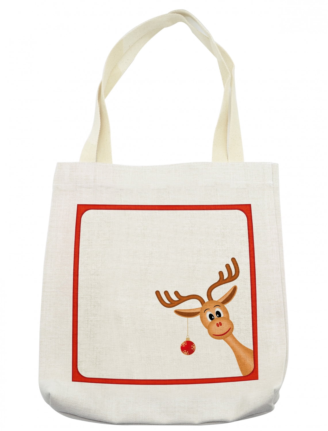Christmas Tote Bag, Reindeer in Empty Frame with Red Border Xmas Ball
