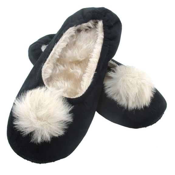 Adult Comfy Warm Fuzzy Rabbit Pompom NonSkid Home Slippers - 1 Pair, Medium Black Pompom