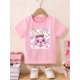 thumbnail image 2 of Camiseta de verano suave y cómoda para niñas con estampado de conejito lindo - Top de punto de manga corta gris claro, adorable diseño de conejo con flores y fondo a cuadros, 2 of 8