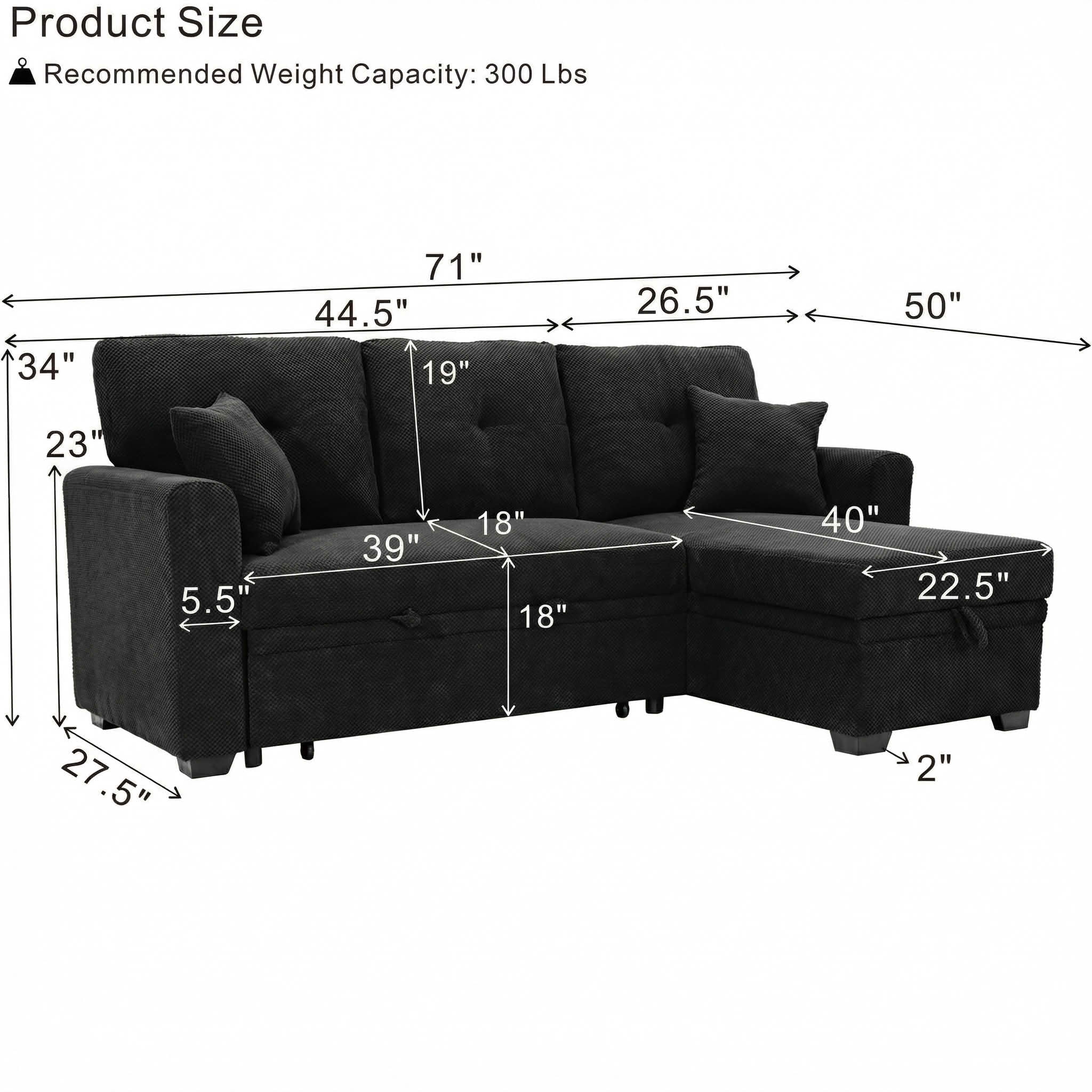 MAYEERTY L‑Shaped Sleeper Sectional Sofa, Convertible Pull‑Out Bed with Reversible Storage Chaise, Dark Gray Breathable Polyester Fabric for Small Living Spaces