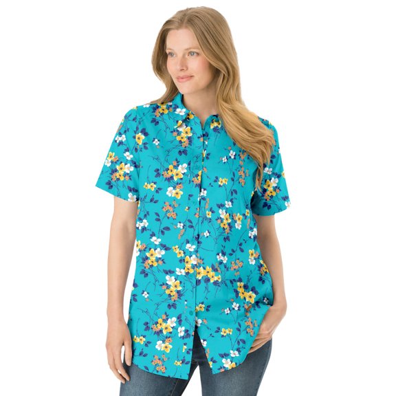 Woman Within Plus Size Petite Perfect Short-Sleeve Collared Button Down Shirt