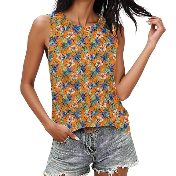 Fewfanhot Women's Tropical Floral Print Sleeveless Tank Top, Orange Hawaiian Flower Pattern Casual Blouse, Lightweight Summer Crew Neck Camisole, S-2XL