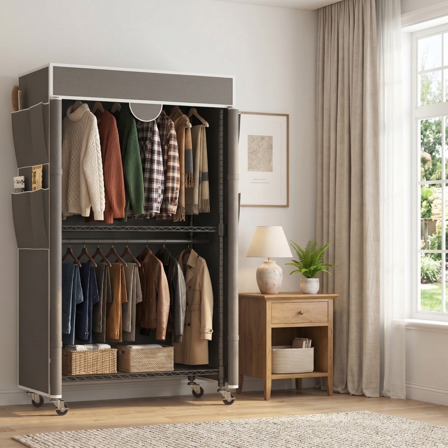 Sailvan Heavy Duty Clothing Rack with Cover, Portable Closet Wardrobe with Double Hanging Rods and Wheels, 3-Tier Storage Shelves,Gray