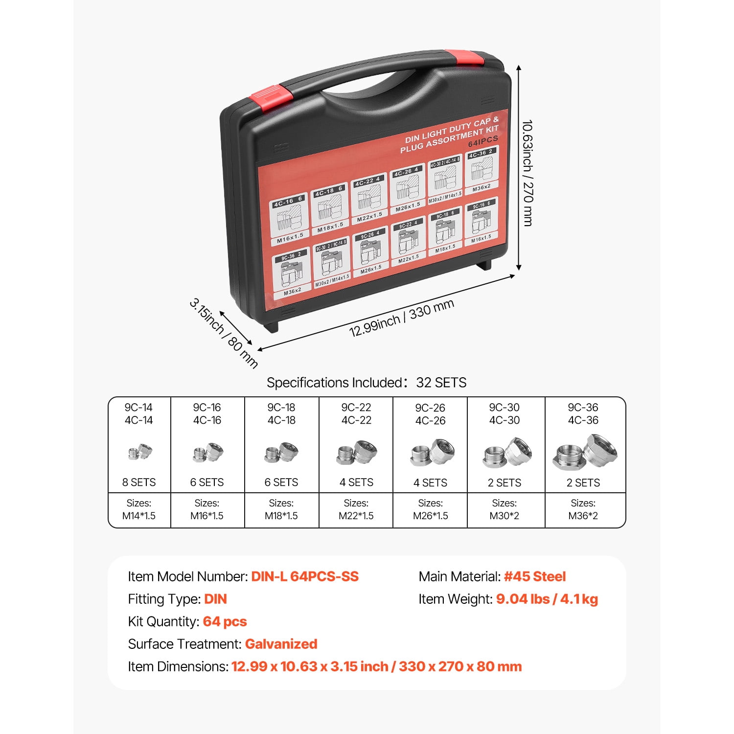 KFFKFF 64 Piece DIN Hydraulic Attachments, Robust Industrial Hydraulic Cap & Plug, Hose Tubing and Pipe Accessory Kit, Cap & Plug Set with Accurate Threading, Dash Sizes 14/16/18/22/26/30/36