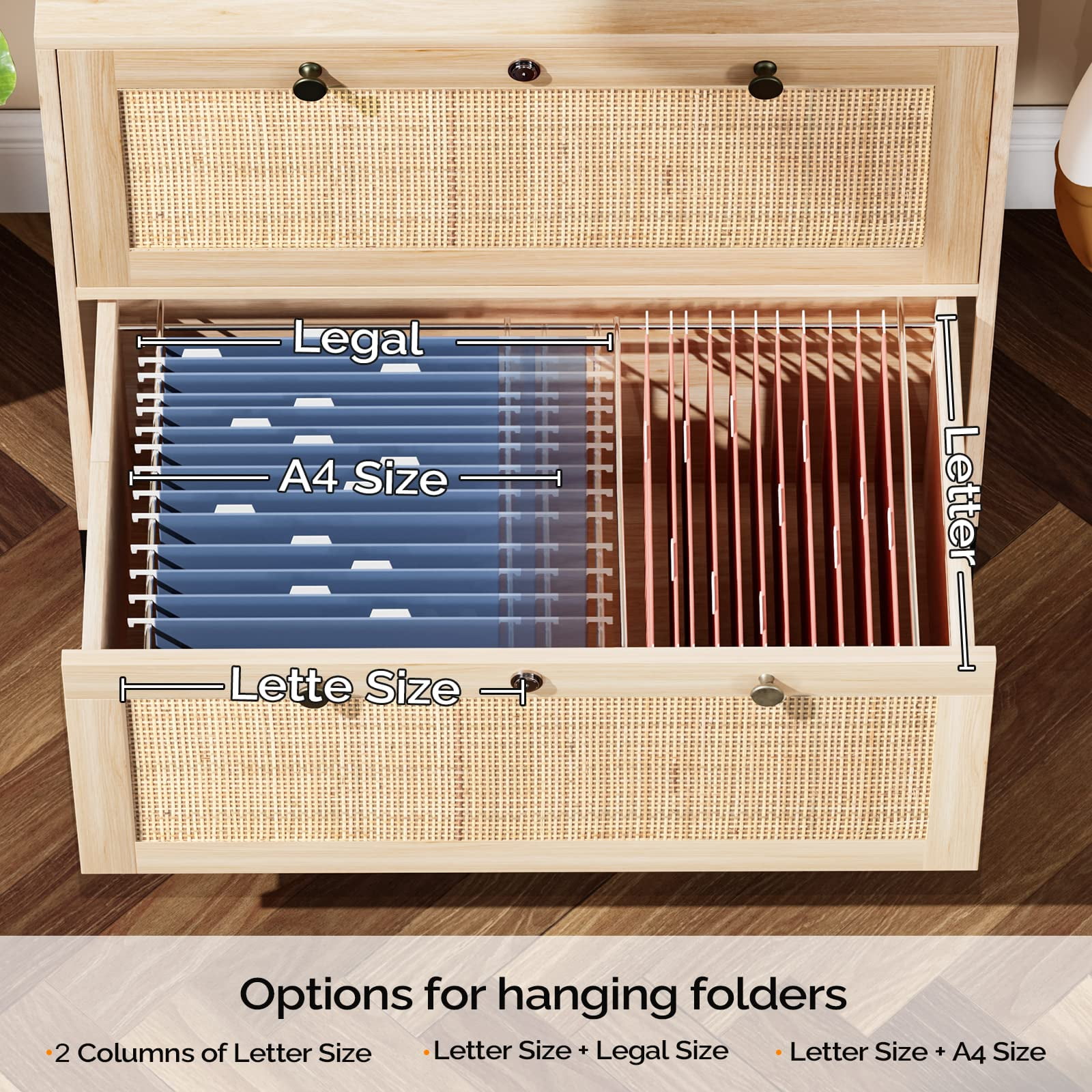 Ktaxon Wood Rattan 2-Drawer Lateral File Cabinet with Lock for Home Office, Lockable Filing Cabinet with Rustic Metal Handles, Oak