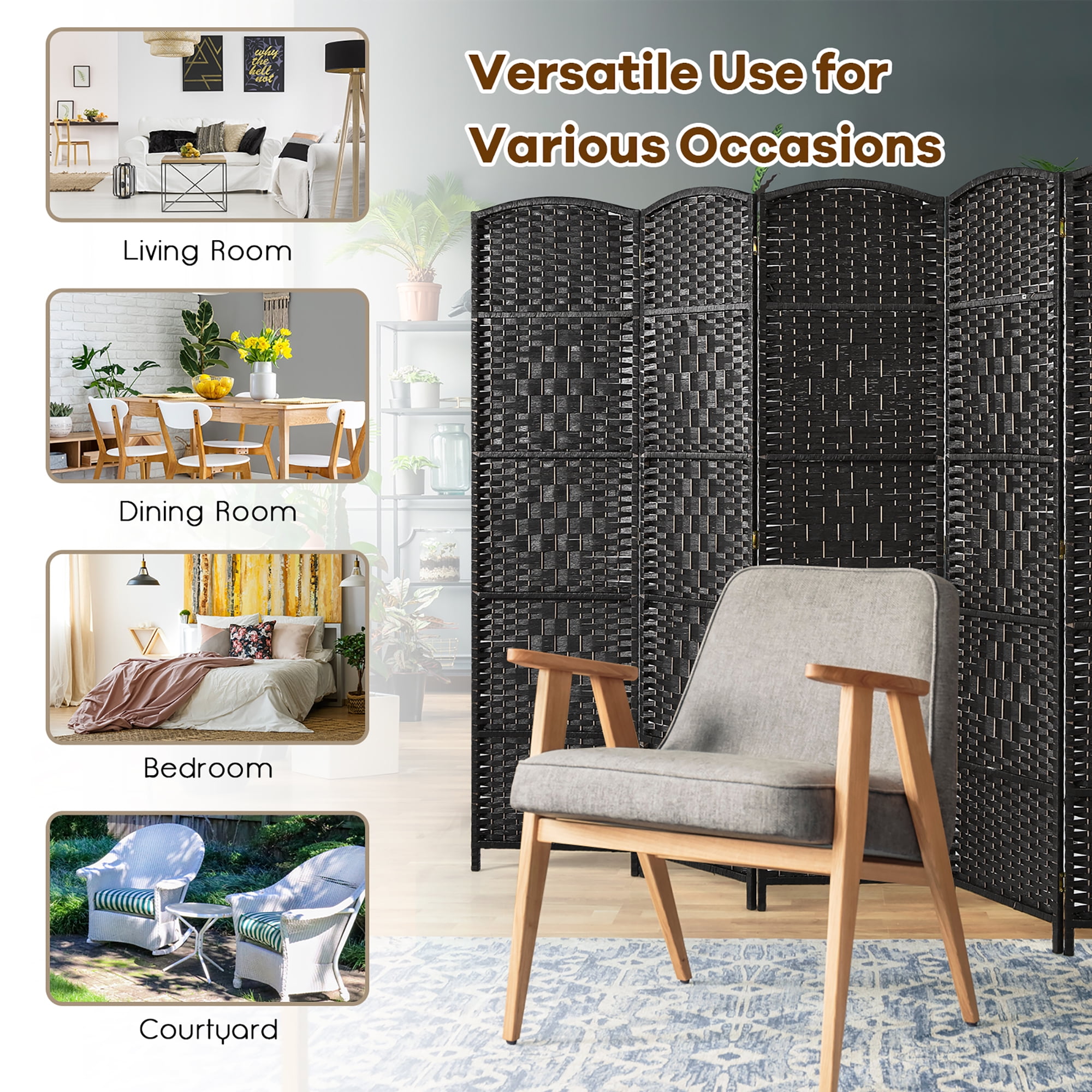 Costway 6-Panel Room Divider 6Ft Weave Fiber Folding Privacy Screen Black