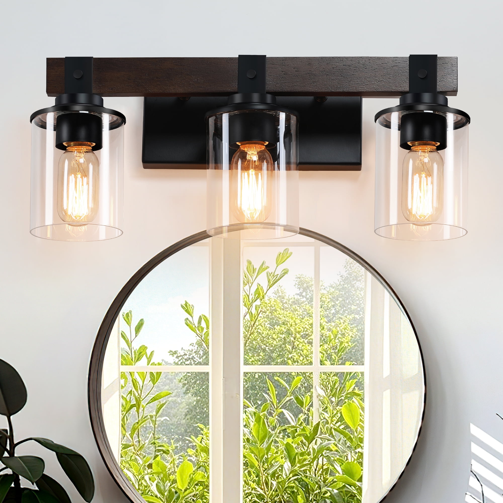 GCGAFUL Farmhouse Bathroom Vanity Light, 18.5 Inch 3-Light Black and Walnut Wall Sconce with Clear Glass Shades, Dimmable E26 Base