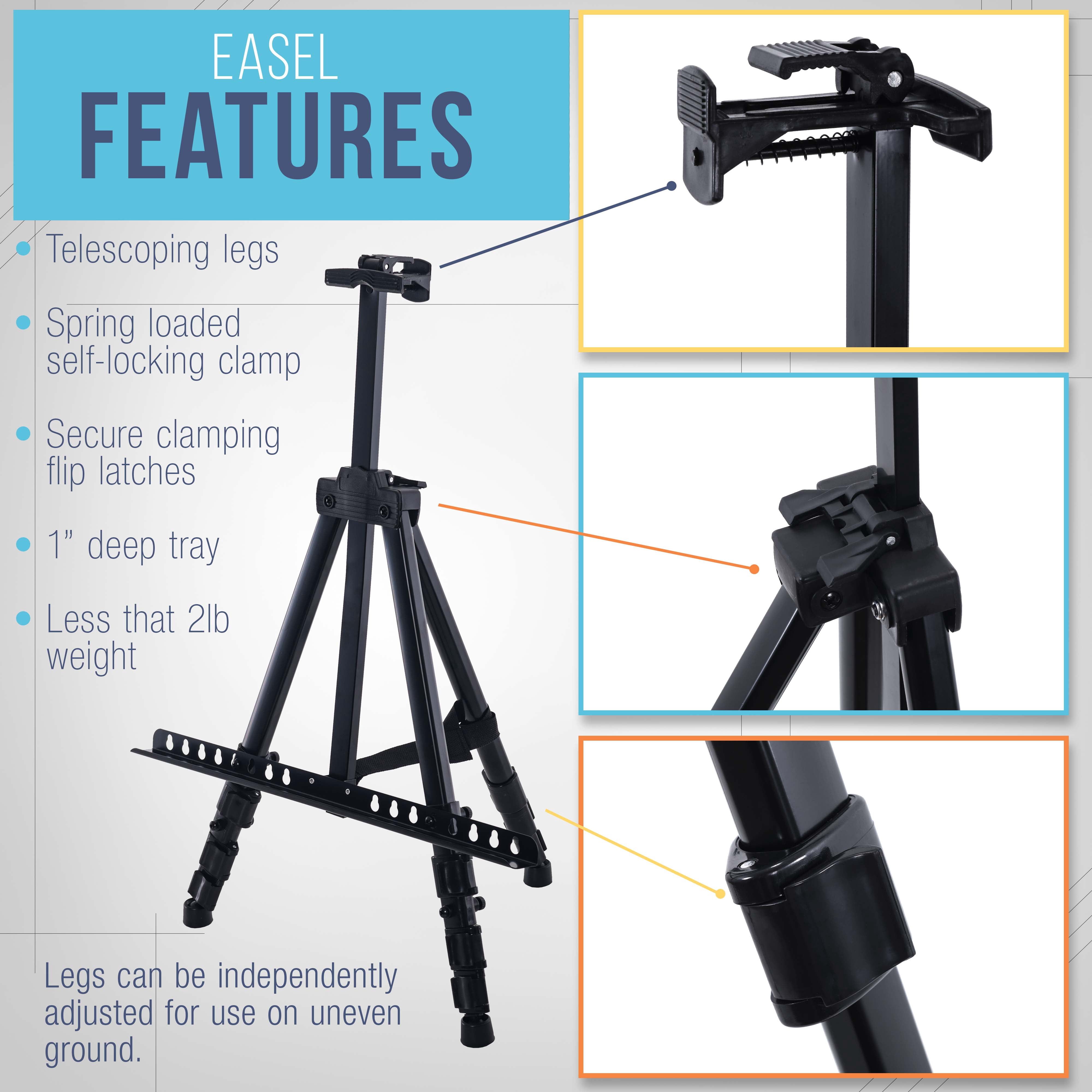 U.S. Art Supply - Pack of 4 - 66 Inch Sturdy Black Aluminum Tripod Artist Field and Display Easel Stand - Adjustable Height 20\" to 5.5 Feet, Holds 32" Canvas