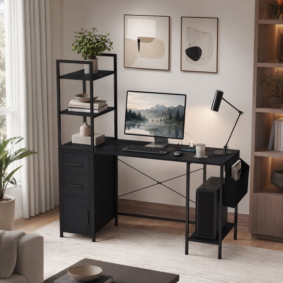 55" Compute Desk with LED Light & Power Outlets, Home Office Desk with Drawers & Open Shelves,Black