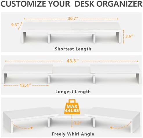 Dual Monitor Stand Riser, Computer Monitor Stands for 2 Monitors, Extra Long Multifunctional Desktop Organizer Riser for Computer, Laptop, PC, Printer, TV, Max 43.3" Length, White