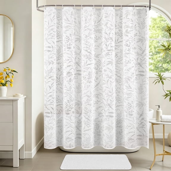 FRAMICS Fabric Shower Curtain Sets with Rug, Lace Floral Leaves Bathroom Sets with Hooks, Waterproof & Mold Resistant, White