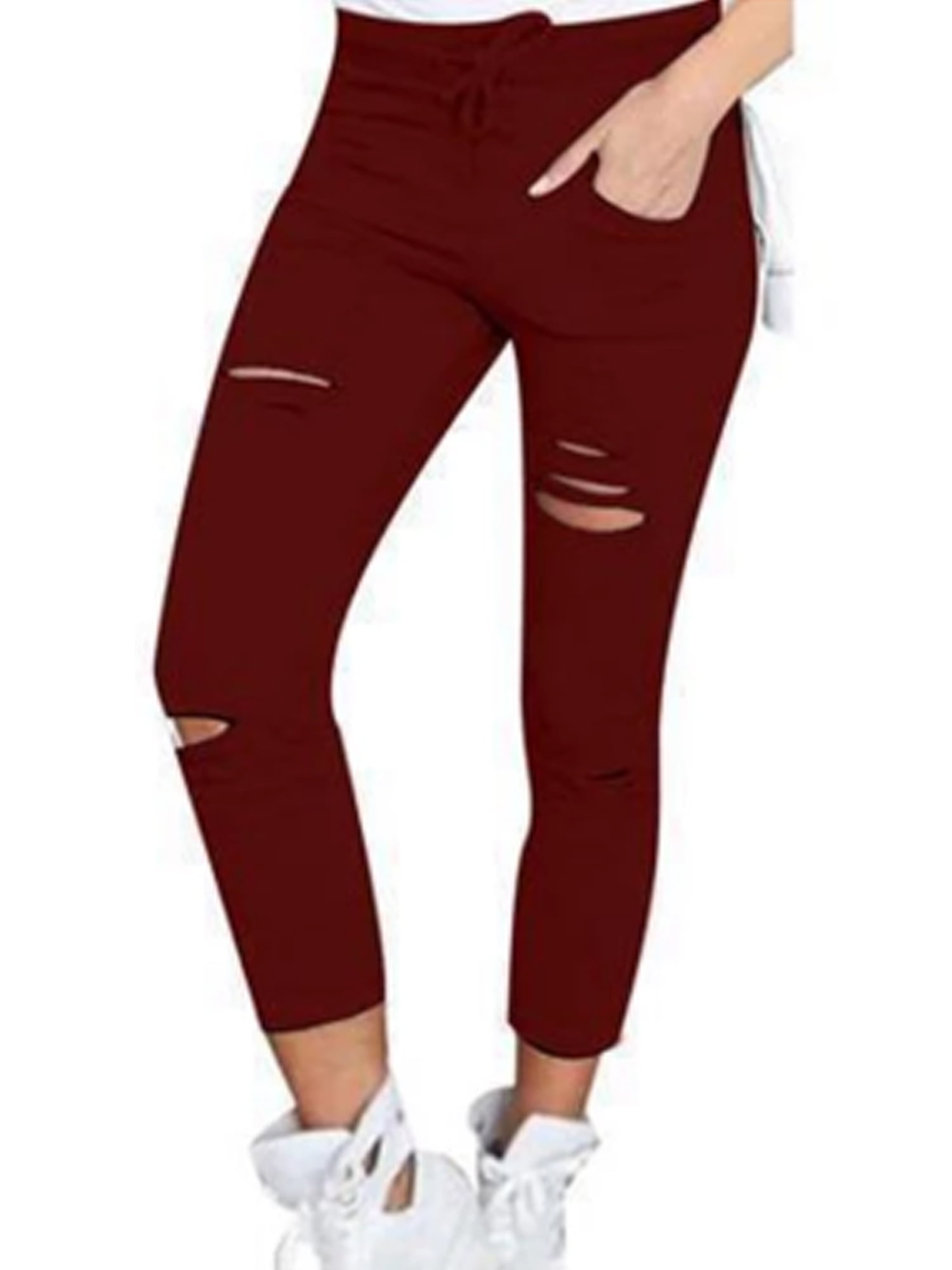 Canis Women Skinny Ripped Holes Jeans Pants High Waist Stretch Slim