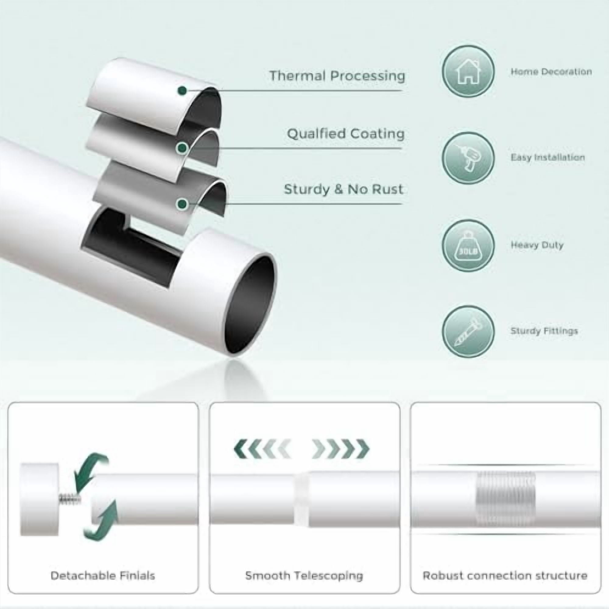 White Curtain Rods for Windows 36 to 176 Inch(3-14 Feet),1" Diameter Rods with Modern Style End Cap Finials,Size:36-176 Inch