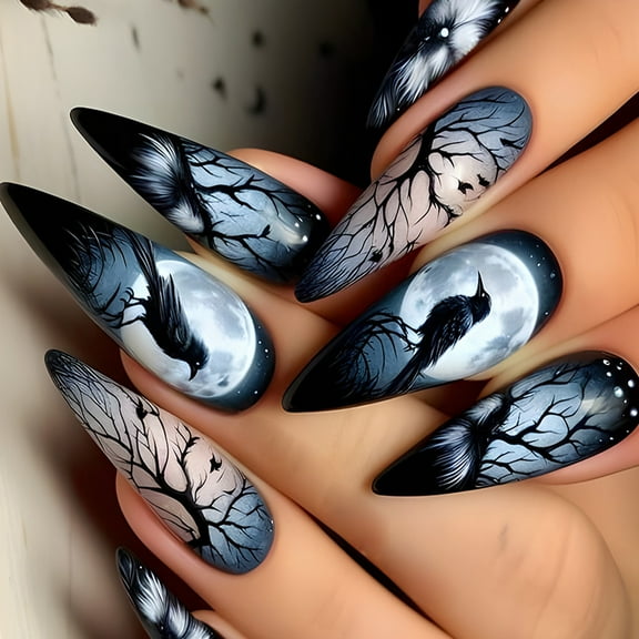 Press on Nails with Crow Branch Designs Long Almond False Nails 24 Pcs Glossy Halloween Stick on Nails For Women