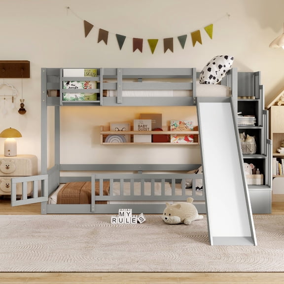 Twin Over Twin Bunk Bed Frame with Slide and Storage Staircase, LED Lights Wooden Bunk Bed with Guardrails and Detachable Bedside Shelf for Bedroom, Apartment,Guest Room, Mattress Not Included,Gray