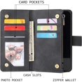 thumbnail image 2 of Wallet Case for iPhone 16e, Premium Vintage PU Leather Zipper Pocket Case with Card Holder Slots Magnetic Closure Kickstand Wrist Strap Shockproof Flip Folio Cover - Black, 2 of 7