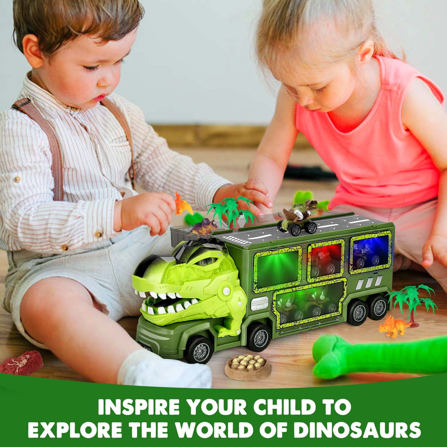 Ayieyill Dinosaur Truck Toys for Boys 3-6 Years, Dinosaur Truck Carrier -Tyrannosaurus Transport Car Carrier Truck with Lights, Music and Sounds, Dinosaur Play Sets for Boys Girls