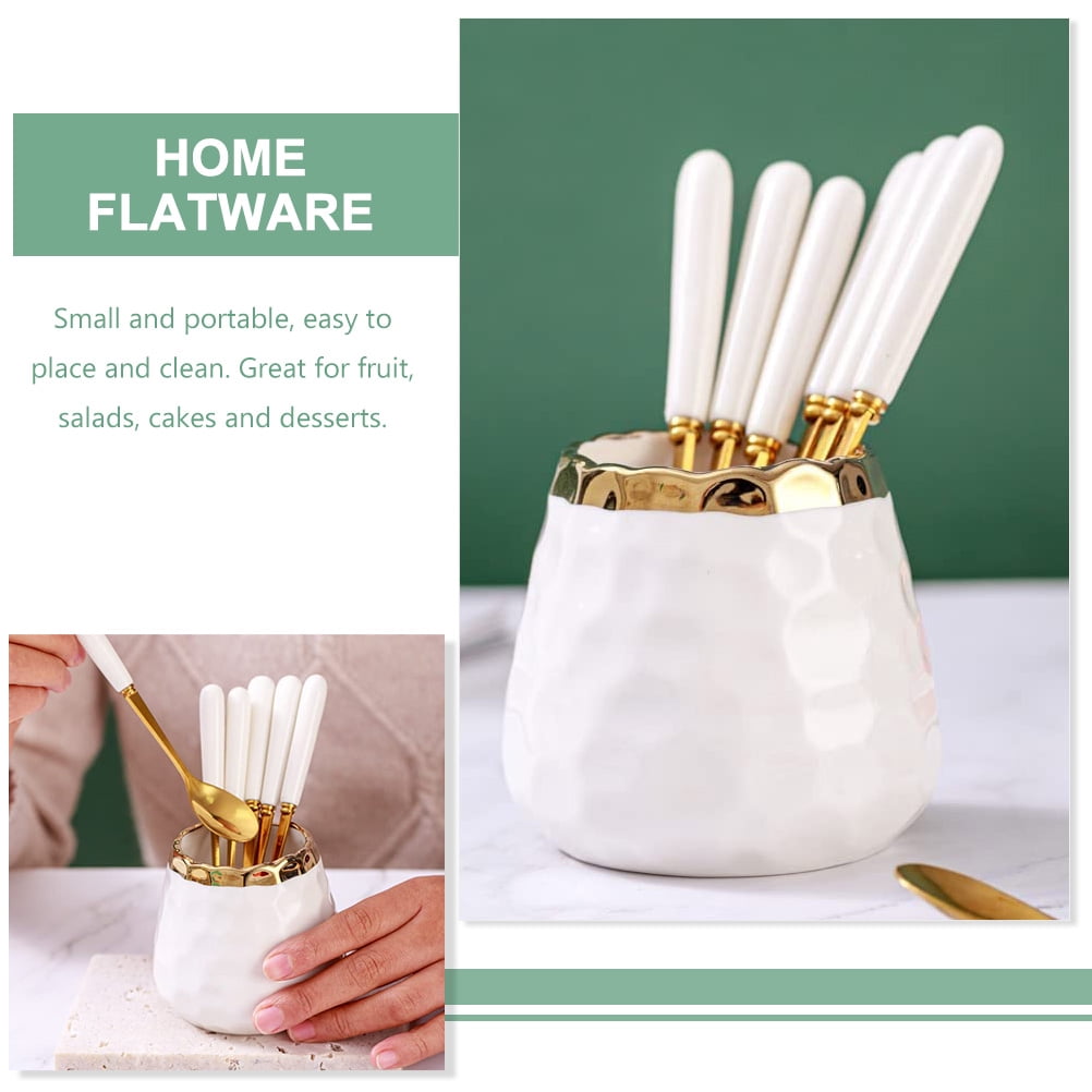 Soimiss White Ceramic and Stainless Steel Storage Jar for Kitchen Essentials, Forks and Spoons