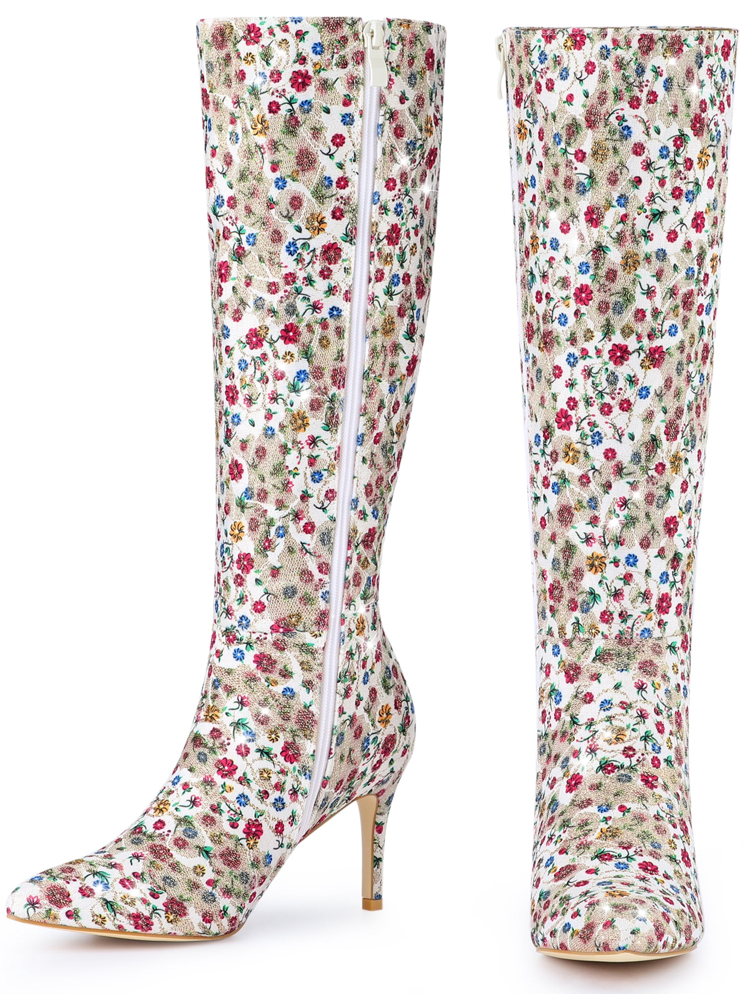 DARING DIVA Women's Stylish Floral Knee High Boot with Stiletto Heel White Floral 8