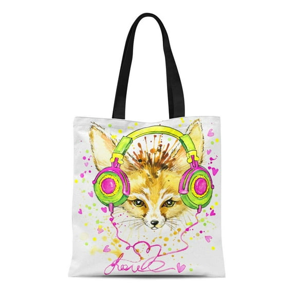 POGLIP Canvas Bag Resuable Tote Grocery Shopping Bags Fennec Fox and Headphones Graphics Splash Watercolor Baby Tote Bag