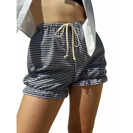 YiLvUst Women s Fashion Bloomers Shorts Plaid Ruffles Elastic Waist Pants