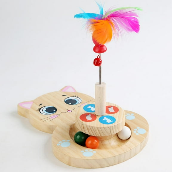 Wooden Cat Toy, Cat Turntable with Balls, Cat Toy Feather Stick, Feather Teaser, Interactive Training Toy , Cat Shaped