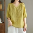 thumbnail image 2 of Short Sleeve V Neck Embroidered Linen Shirt For Women Summer Floral Blouse, 2 of 2