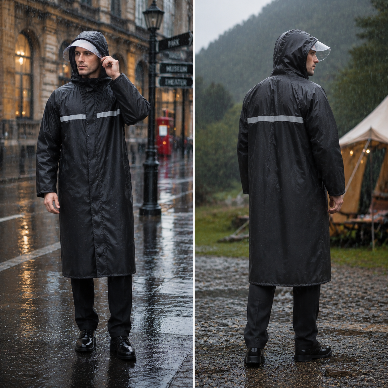 COWIN Men's Long Waterproof Rain Jacket, Black photo 5