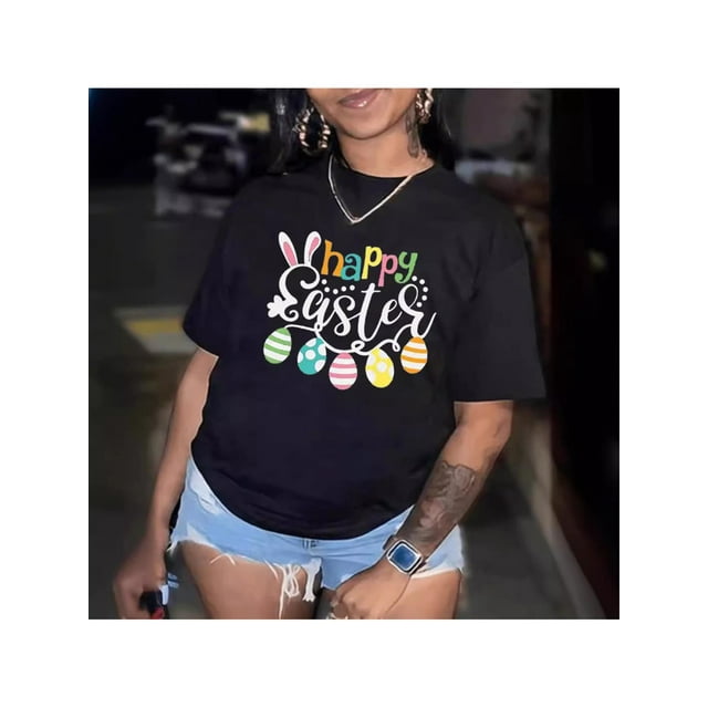 Women'S Easter Bunny Graphic T-Shirt | Soft Fabric, Casual Crew Neck | Colorful Egg Design with "Happy Easter" Text | Ideal Gift for Ladies | Versatile All-Season Wear