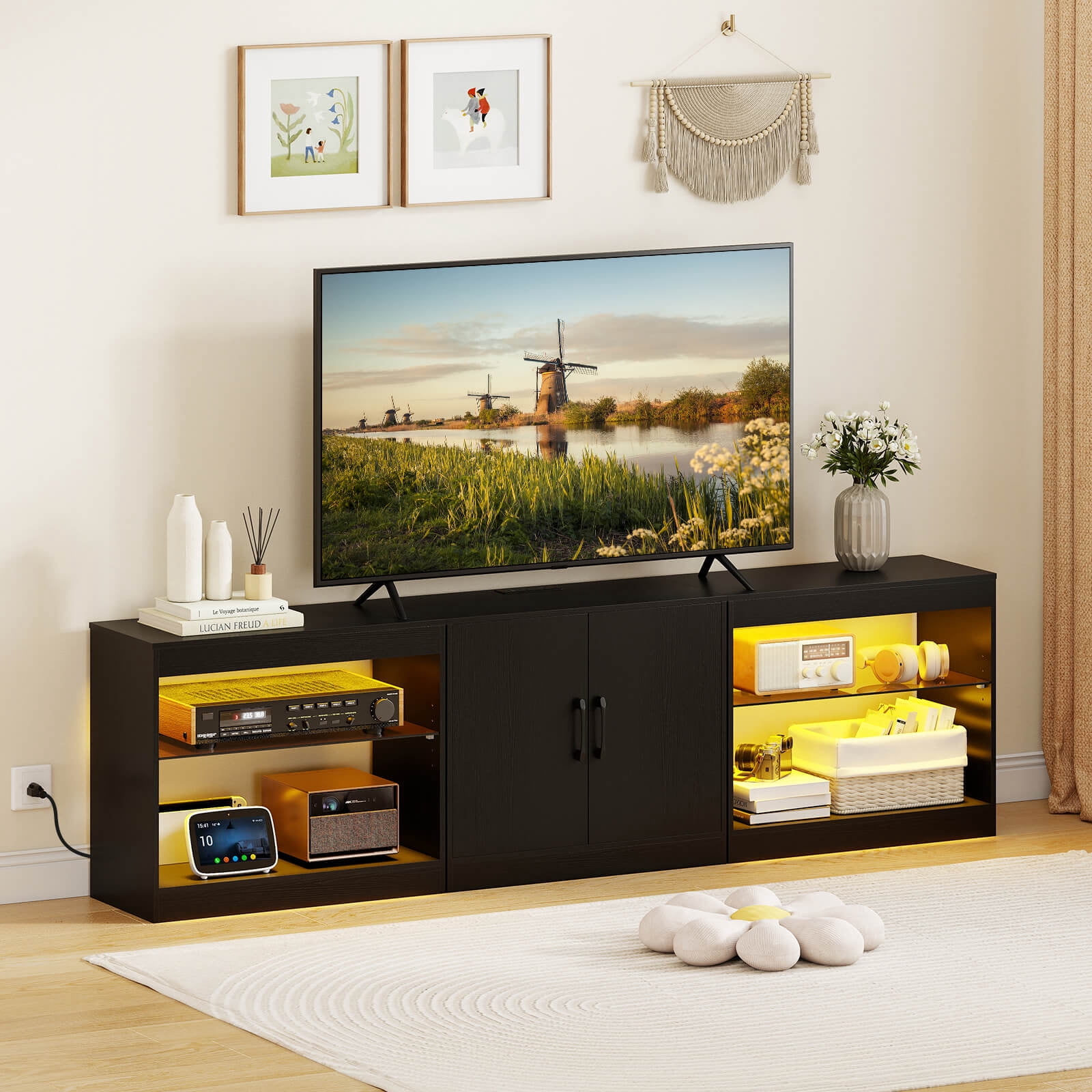 Costway TV Stand with Power Outlets Adjustable LED Lights Storage Cabinet for TVs up to 85” Black