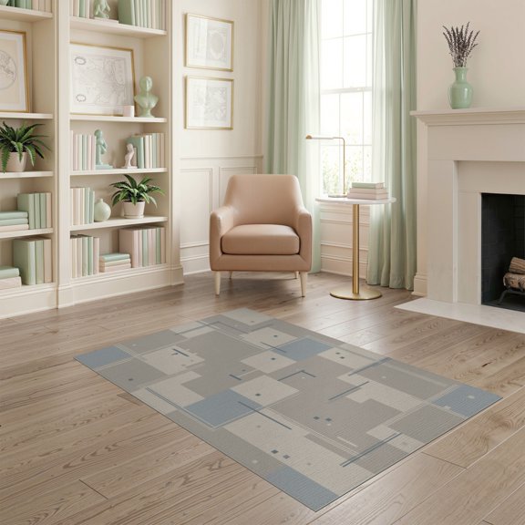ODIKA 4'x6' Grey Blue Modern Geometric Abstract Washable Area Rug Sophisticated Minimalist Rectangular Blocks Pet Friendly, Non-Shedding for Bedroom, Reading Nook
