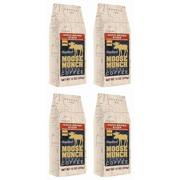 Moose Munch Maple Brown Sugar Ground Coffee – 4 Pack, 12 oz Bags – Cozy Maple Sweetness with Brown Sugar Flavored Medium Roast Coffee
