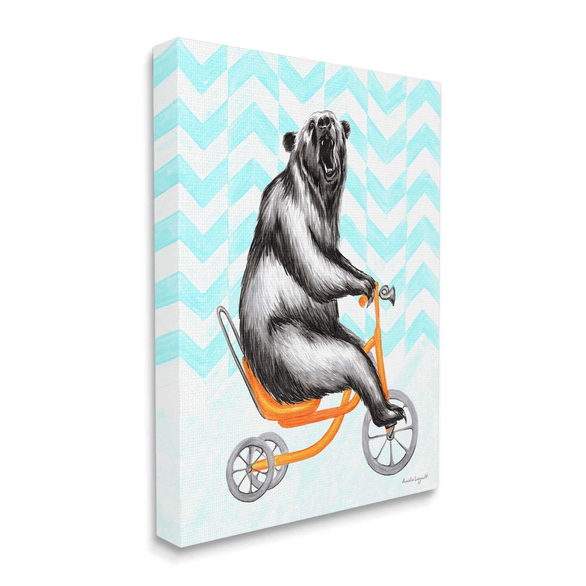 Stupell Industries Roaring Bear Riding Tricycle Whimsical Chevron Pattern Graphic Art Gallery Wrapped Canvas Print Wall Art, Design by Amelie Legault