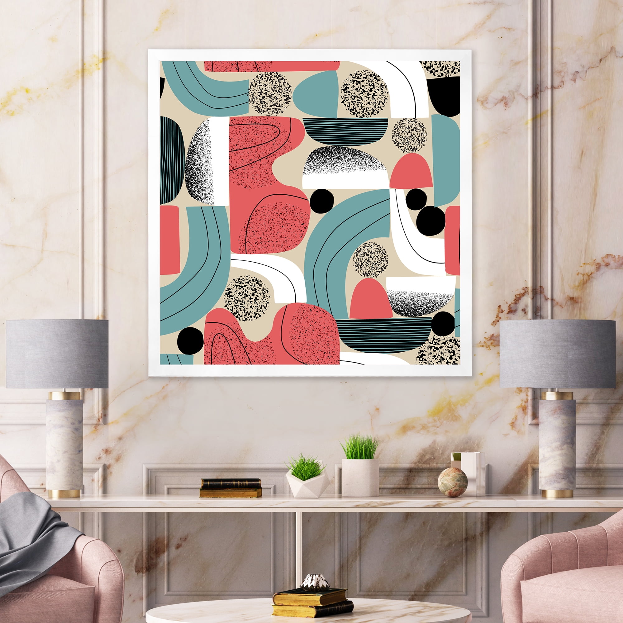 Designart 'Retro Shapes With Abstract Moons and Suns III' Modern Framed Art Print