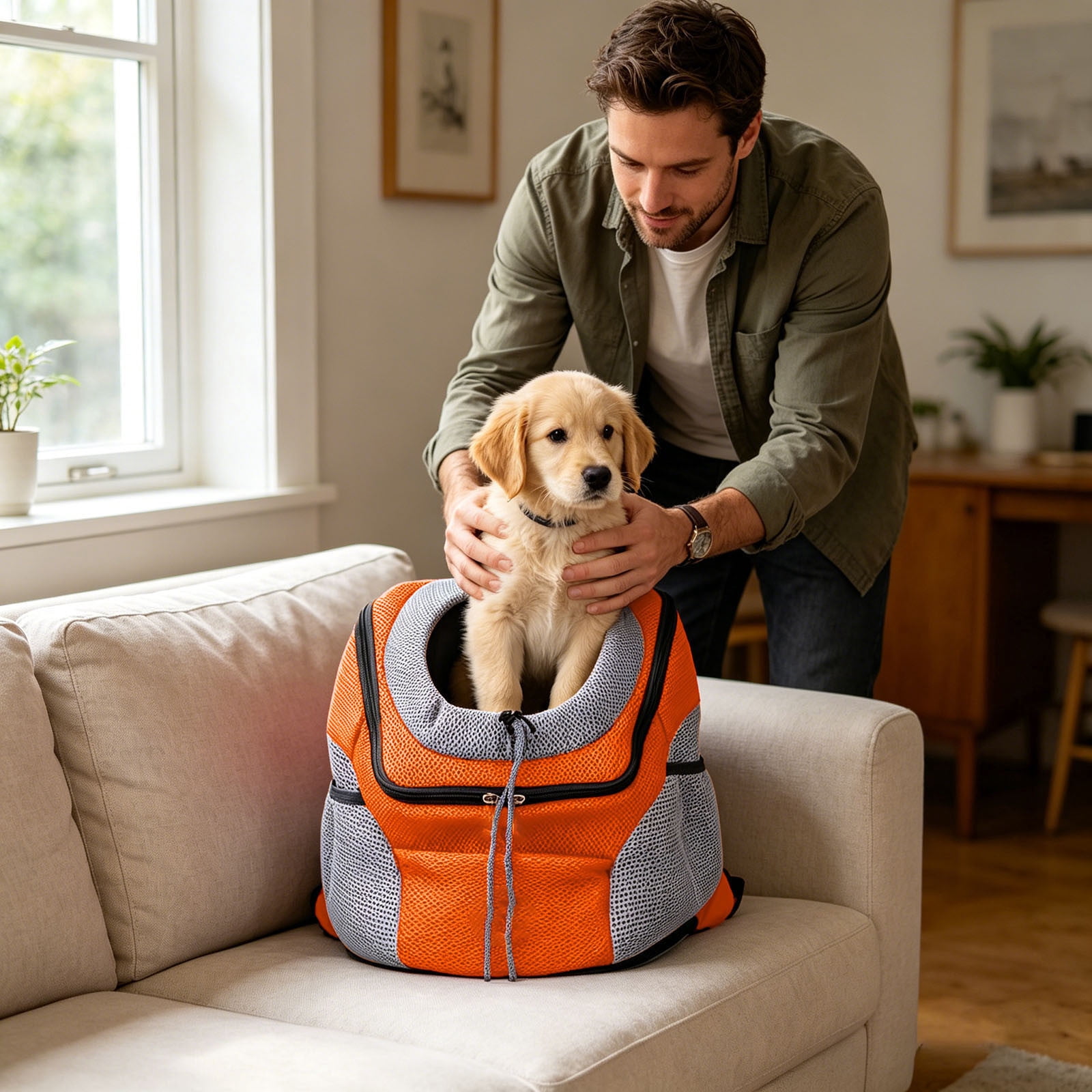 Breathable Pet Carrier Backpack, Head-Out Design Adjustable Dog Cat Backpack with Safety Belt, Mesh Ventilated Travel Backpack with Side Storage Pockets for Small Dogs Cats Outdoor Hiking(Orange,L)