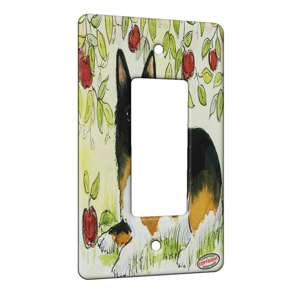KuzmarK™ 1 Gang Rocker Wall Plate - Black and Tan Welsh Corgi Under the Apple Tree Dog Art by Denise Every