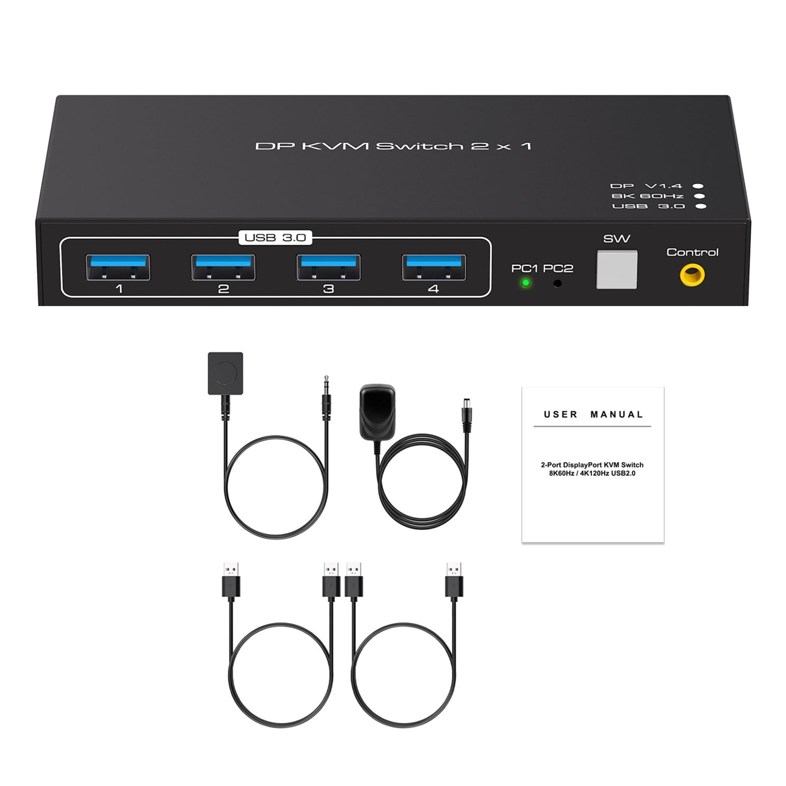 JIAHAOO 2x1 DP KVM Switch 8K 60Hz 4K 120Hz USB3.0 for 2 Computers 1 Monitor Control with Extended Cable Support for Windows MAC