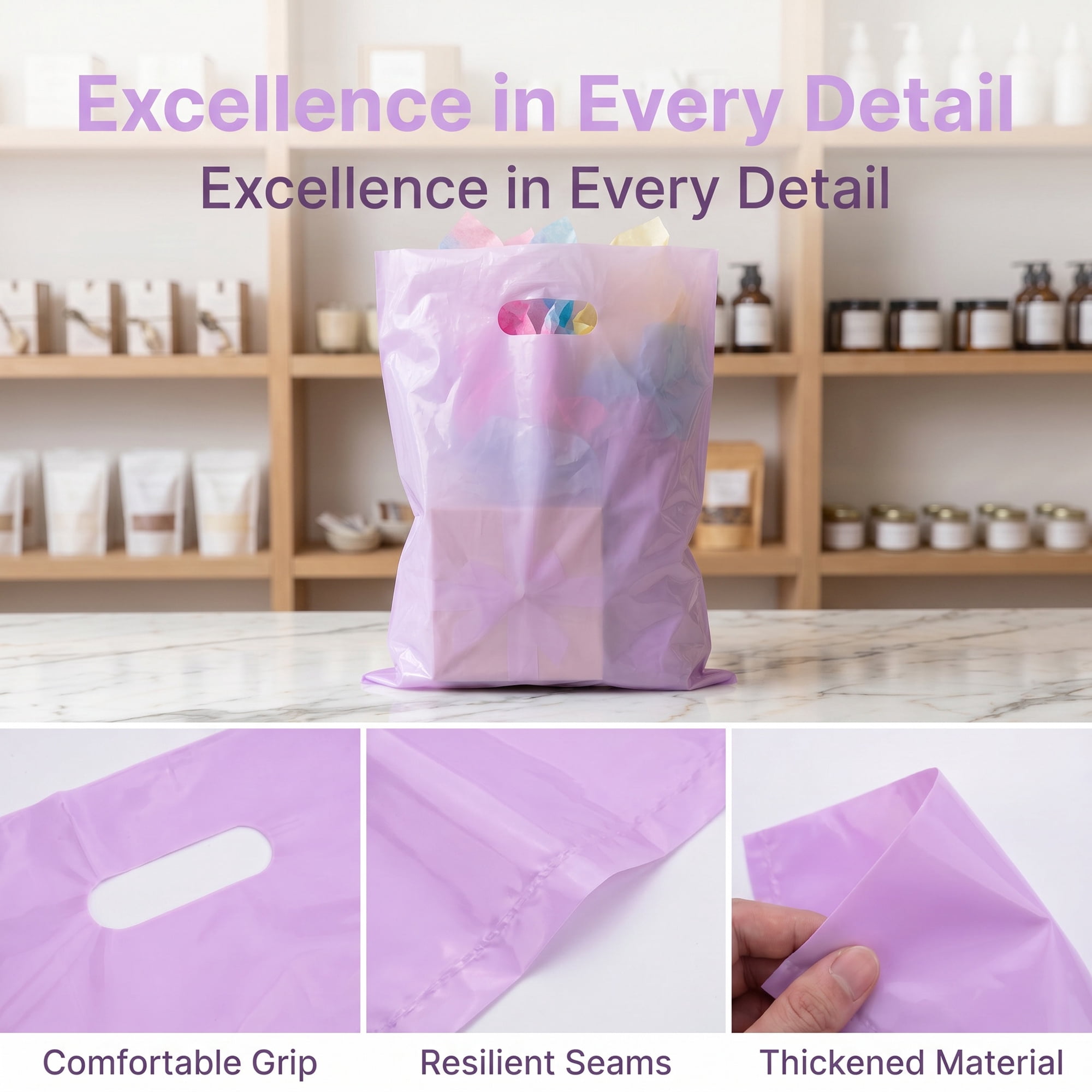 Unique Bargains 50Pcs Premium Waterproof Gift Bags Light Purple 9.8" x 13.8"