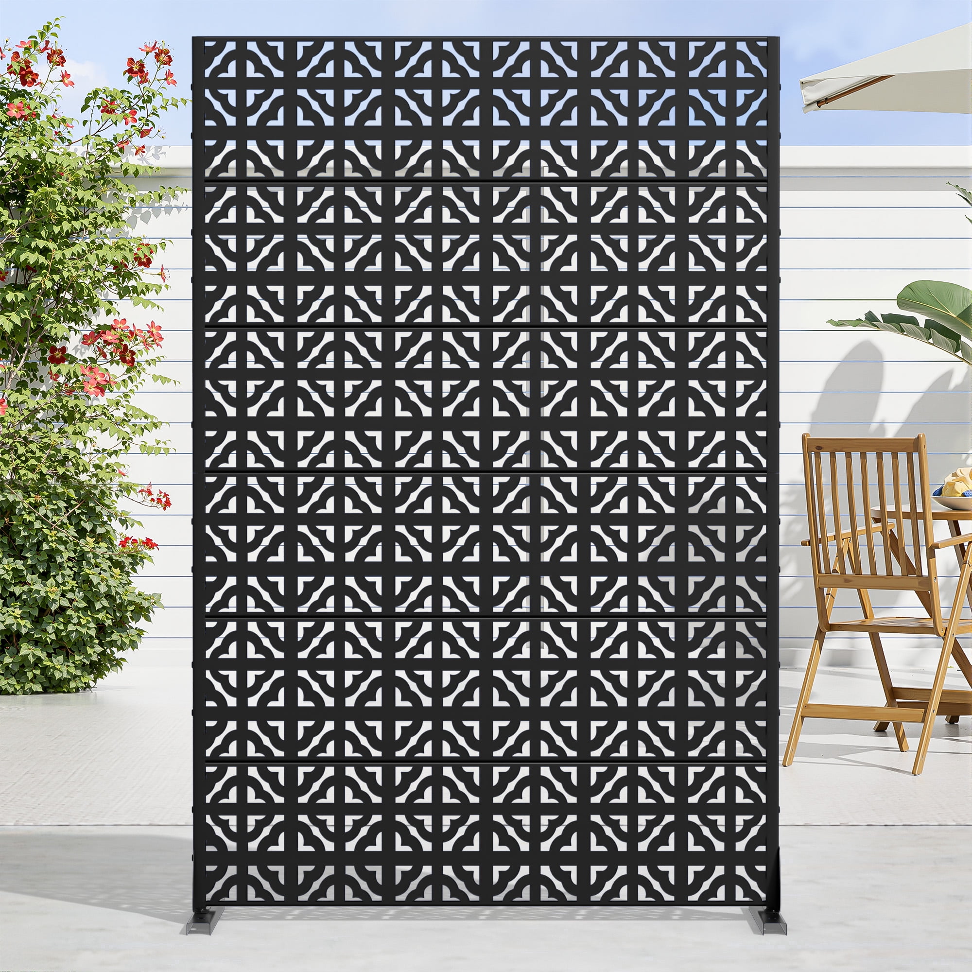 MAYEERTY 72 × 47in Outdoor Privacy Screen with Stand Metal Balcony Decorative Screen, Black