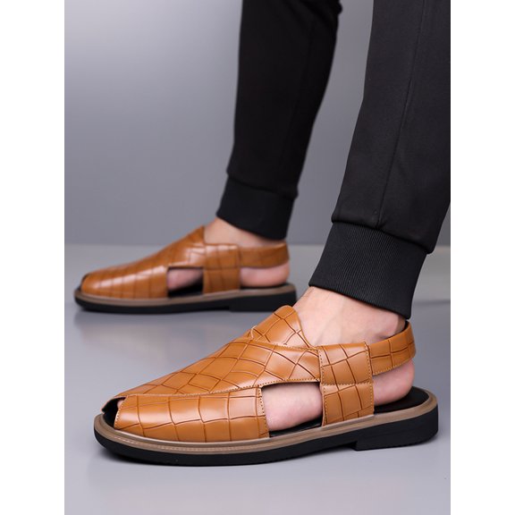 Domuza Men’s Crocodile Embossed Split Toe Back Strap Sandals, Slip On Closed Front Leather Casual Mule Sandals with Block Flat Sole for Daily Summer Wear Orange 9.5 (EU-44)