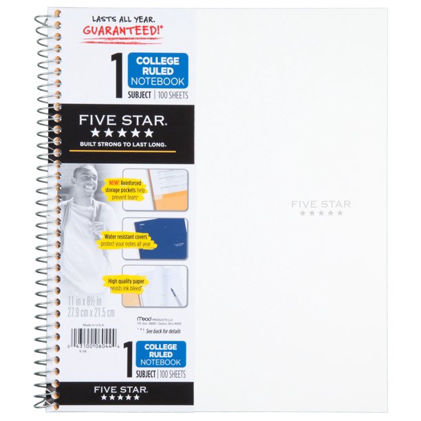 Five Star Trend Wirebound Notebook 1Sub 100ct CR, White