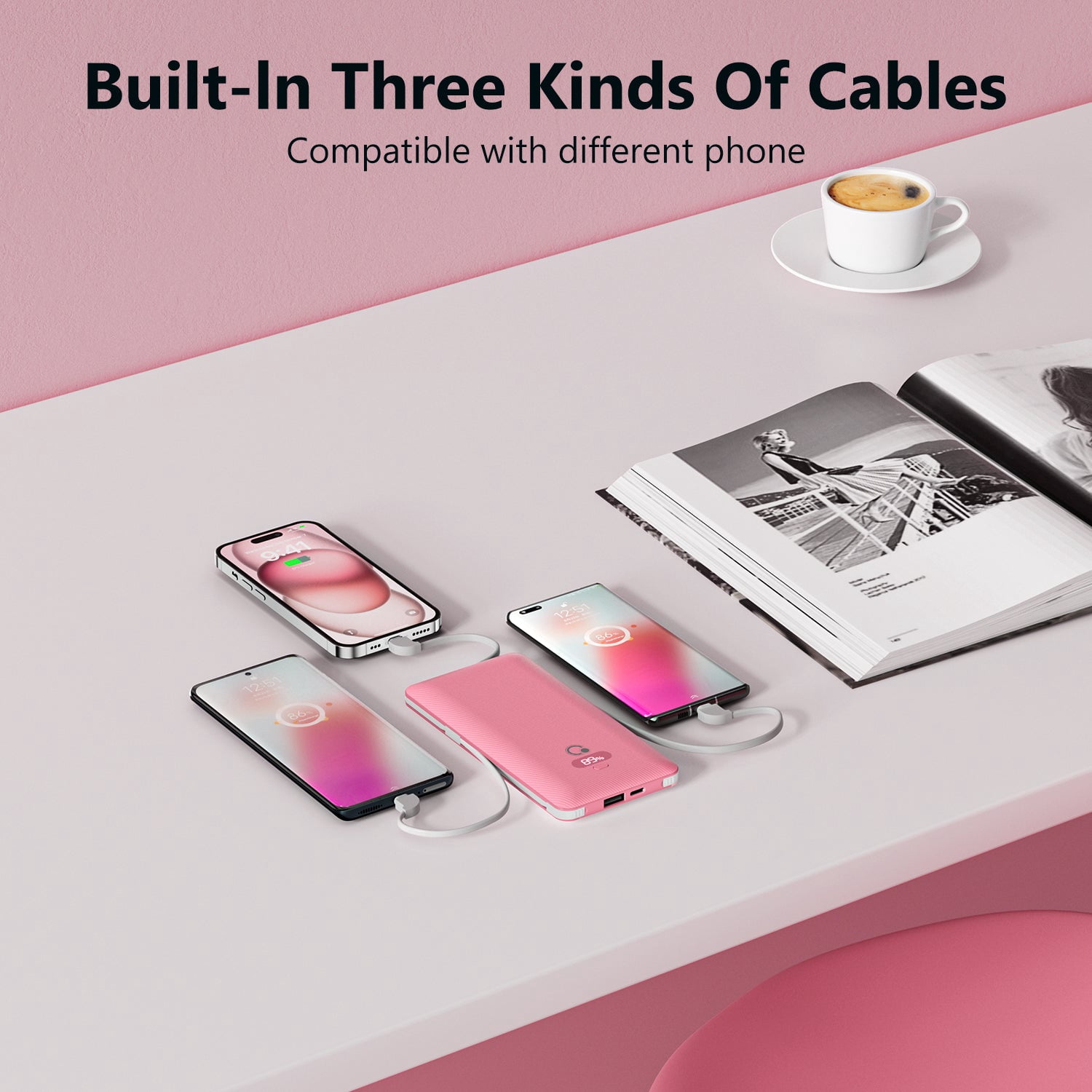 Q 10000mAh PD20W Fast Charging Portable Power Charger External Battery Charger with Cables,USB Battery Pack with Built-in Cables AC Wall Plug Compatible for iPhone and Android Cell Phone