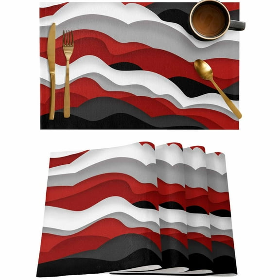 Burgundy Red Gradient Ripple Placemats Set of 4,Wipeable Washable Table Mats for Dining Tables,Abstract Geometric Place Mats for Kitchen Event Party Tabletop Decor