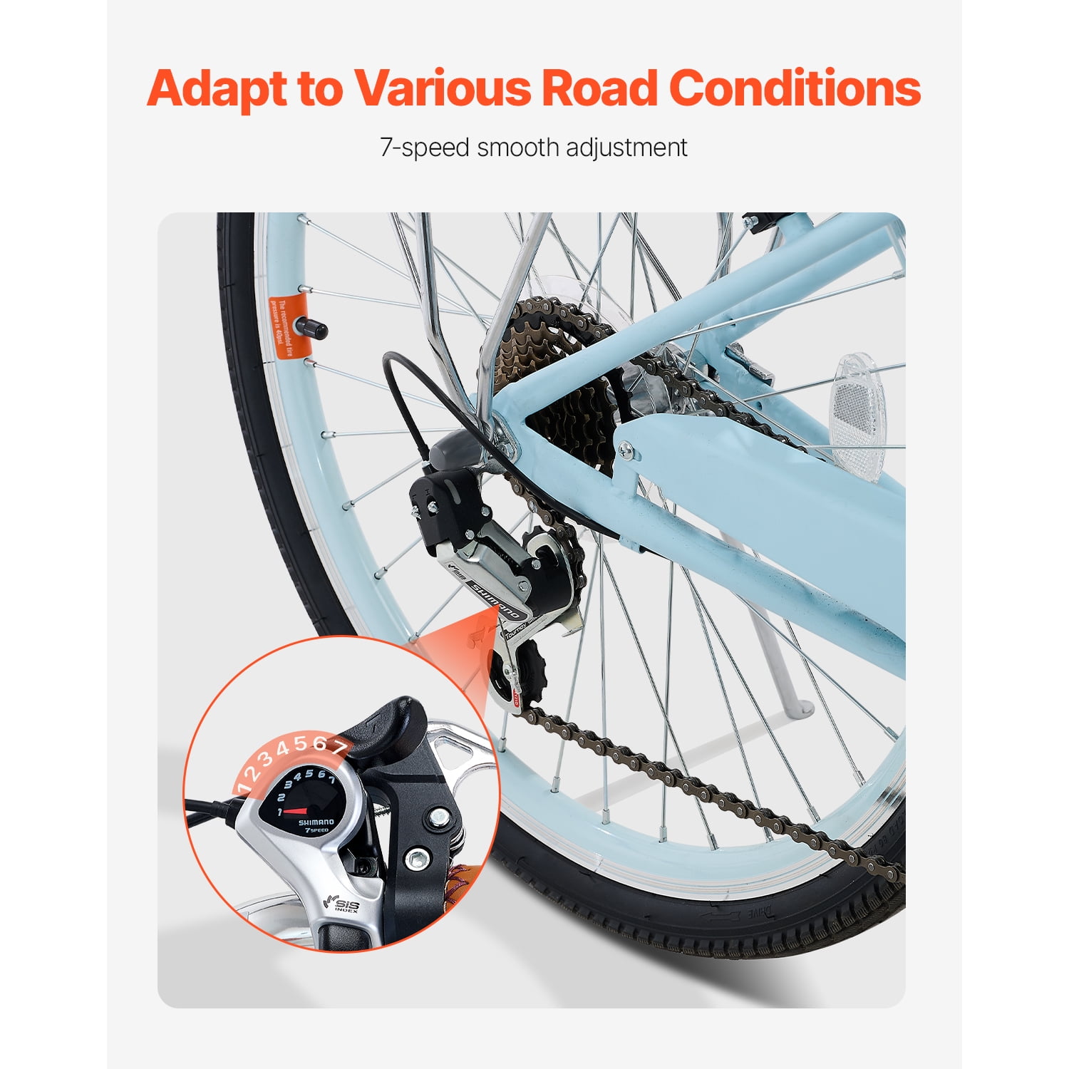 KFFKFF Cruiser Bike, Bike wih 7-Gear, Spacious Basket and Back Stand, Suitable for Biking, Workout & Purchasing