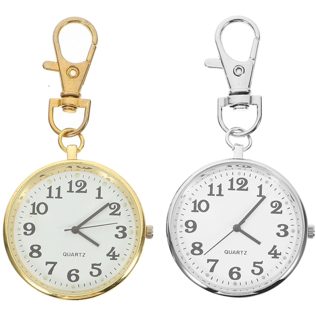 SHISUYAN 2PCS Simple Modern Quartz Pocket Watch with Pendant Key Chain for Elderly Nurse in Silver Golden